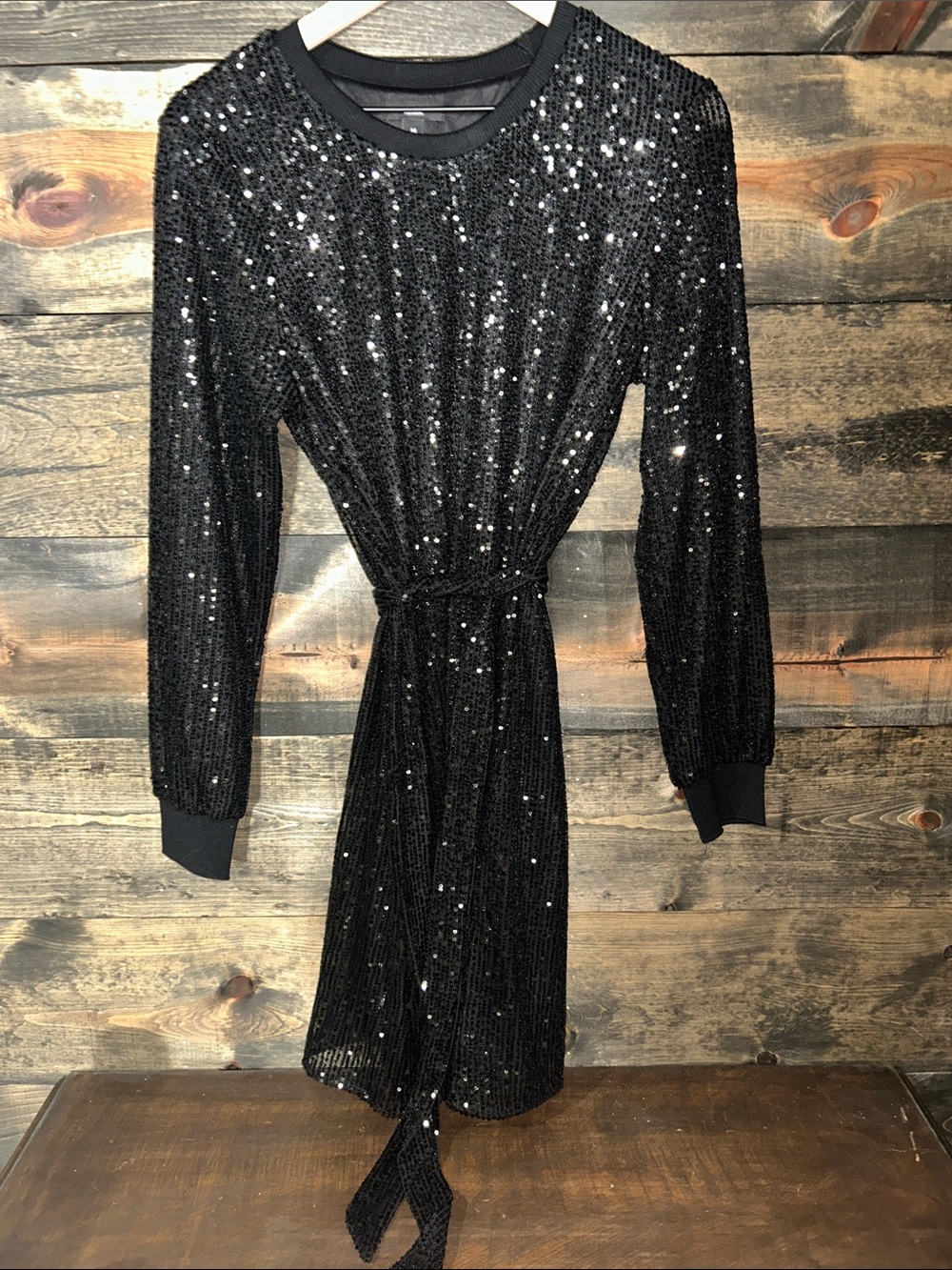 Simply Vera Vera Wang Black Sequin Long Sleeve Tie-Belt Dress